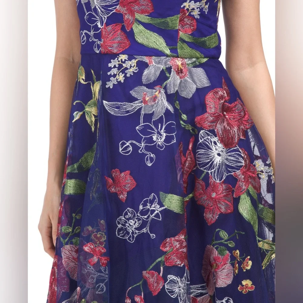MARCHESA NOTTE COBALT BLUE SLEEVELESS FLORAL EMBROIDERED HIGH LOW DRESS - Picture 4 of 4